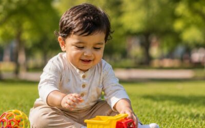 Baby playing with toy in Dubai Creek Park.