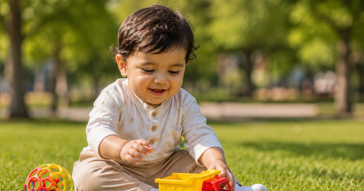 Baby playing with toy in Dubai Creek Park.
