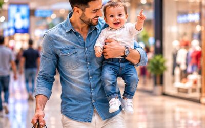 Father carrying his baby while shopping in a busy mall
