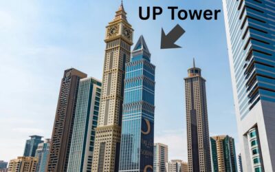 Up Tower Dubai on Sheikh Zayed Road surrounded by skyscrapers