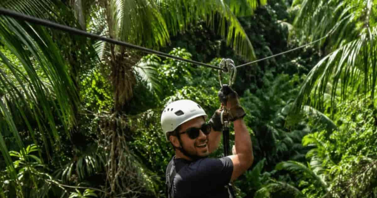 A man is ziplining around trees