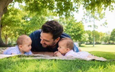Babies are laying with his father on green area inside the park