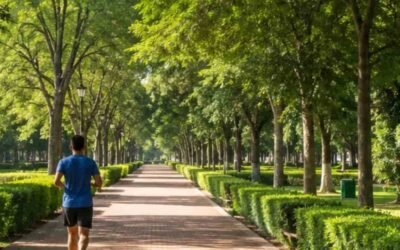 Brick walking path with a jogger, tall trees, and trimmed green hedges at the park