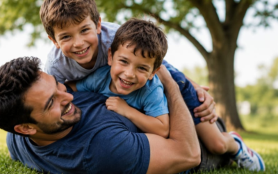 Children are playing with his father