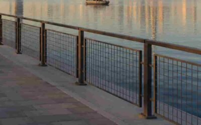 Wide waterfront, calm water, city skyline near park