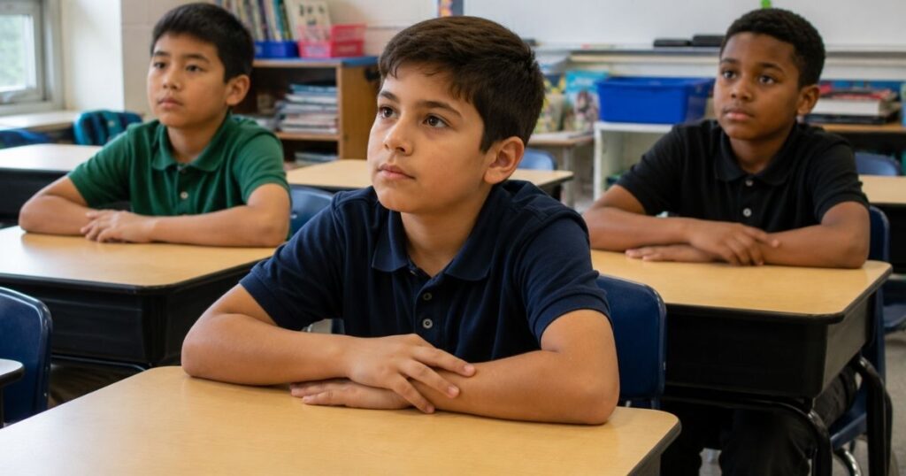 Children sitting attentively in a bright classroom during a school lesson