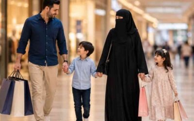 Happy family shopping in a modern luxury mall with a modestly dressed mother.