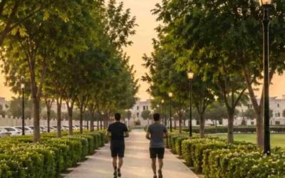 Wide white park walkway with two men jogging, lined by green hedges, trees under a golden sunrise in Ajman chamber park