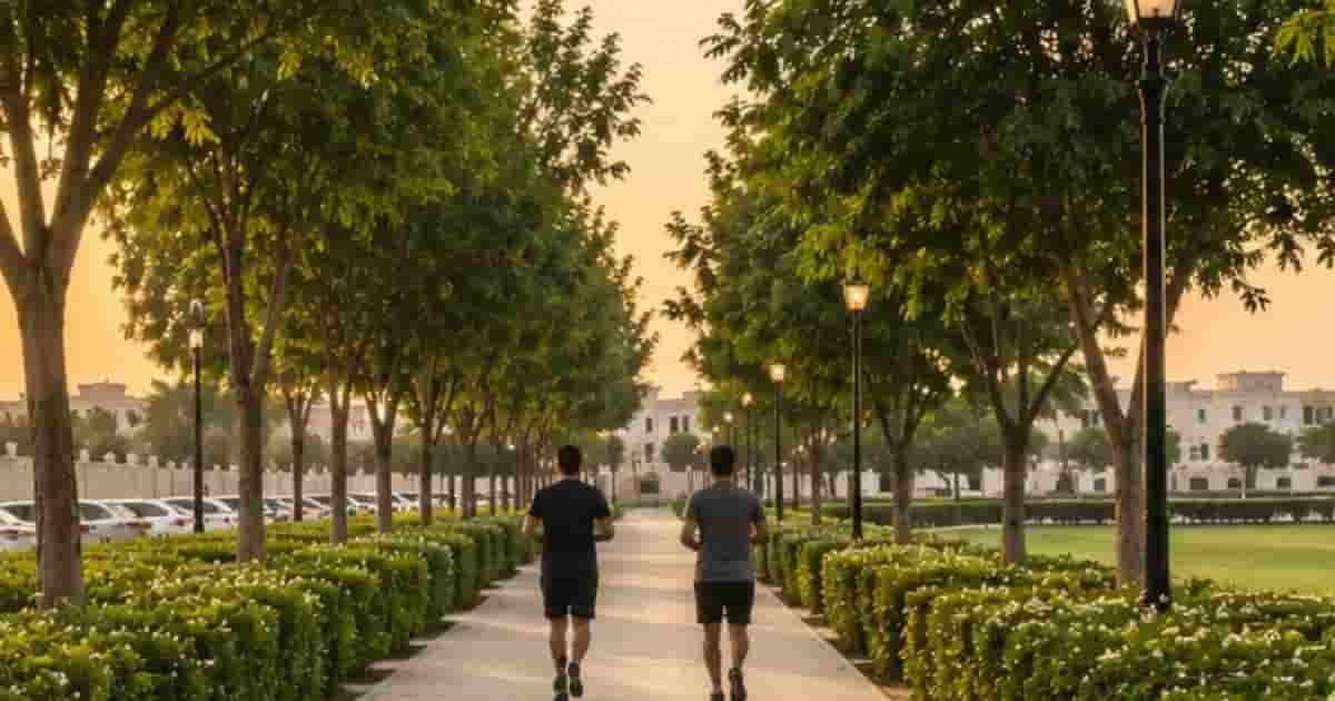 Wide white park walkway with two men jogging, lined by green hedges, trees under a golden sunrise in Ajman chamber park
