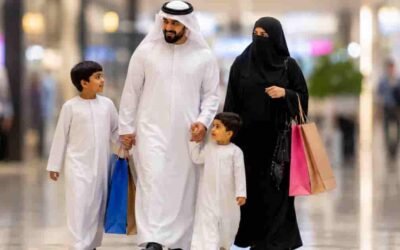 A family with shoppings bags in the Mall