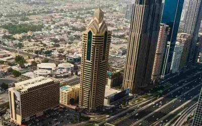 Al Kharbash Tower surrounded by skyscrapers along Sheikh Zayed Road in Dubai