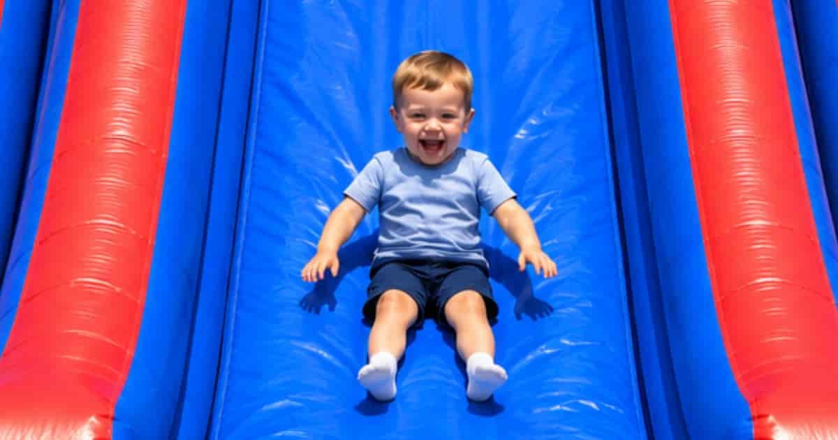 There are colorful inflatable slides side by side, with a child sliding down the center slide in an outdoor park