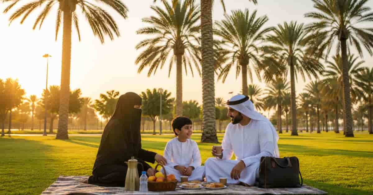 Family picnic under date palms in khalidiya Park