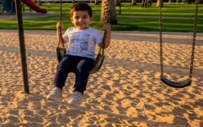 park with a colorful playground, palm trees, green lawns, walking paths, and a child on a swing.