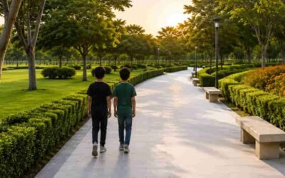 Two young boys walking in Ghabat Al Regayeb Park