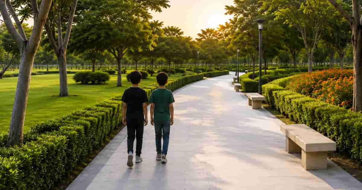 Two young boys walking in Ghabat Al Regayeb Park